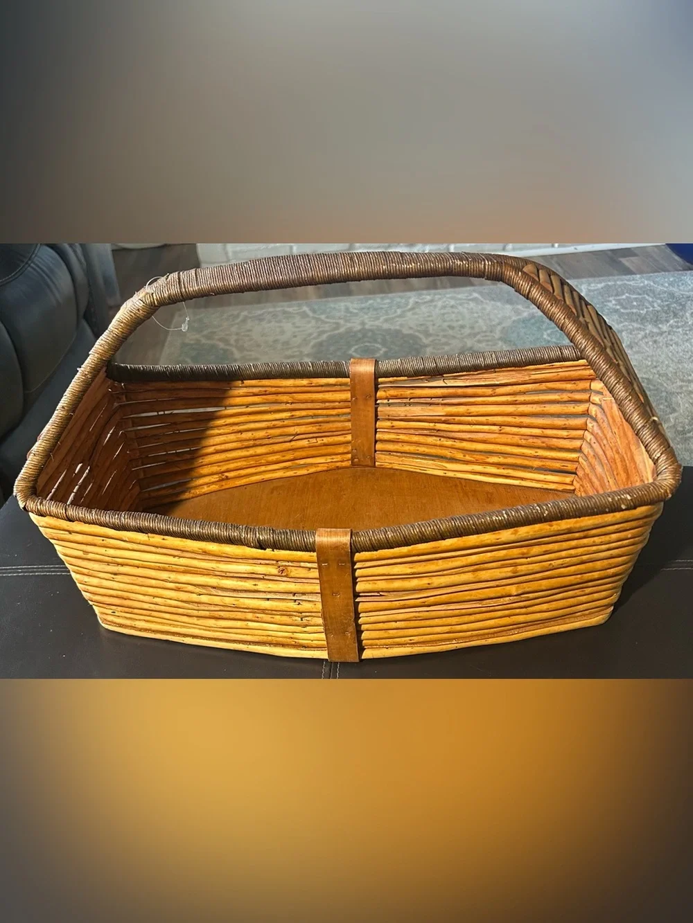 Large Handwoven Rectangular Rattan Basket with Handle Natural Brown Size 18”X11